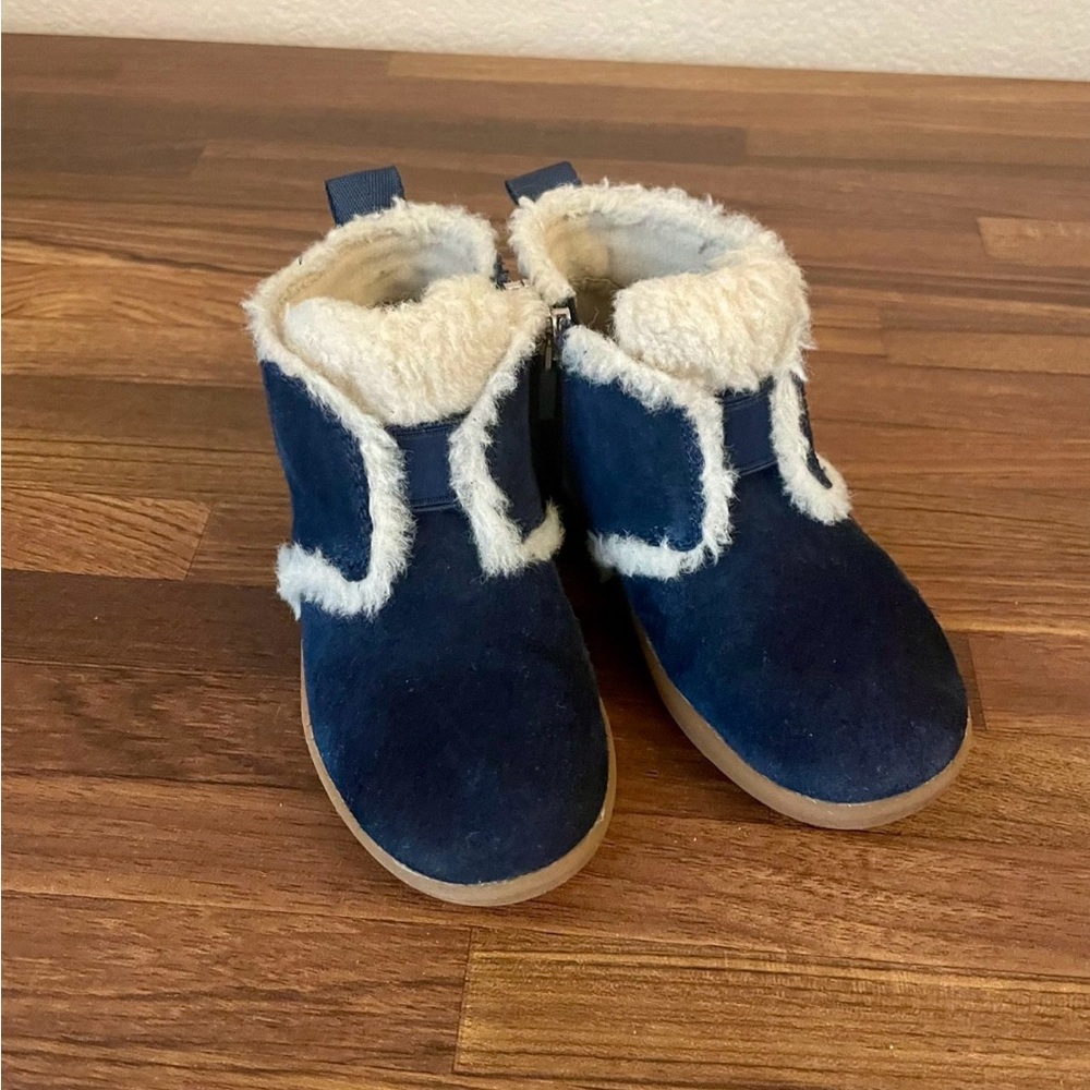 UGG Navy Blue Suede Kids Boot with Cream Shearling Trim
